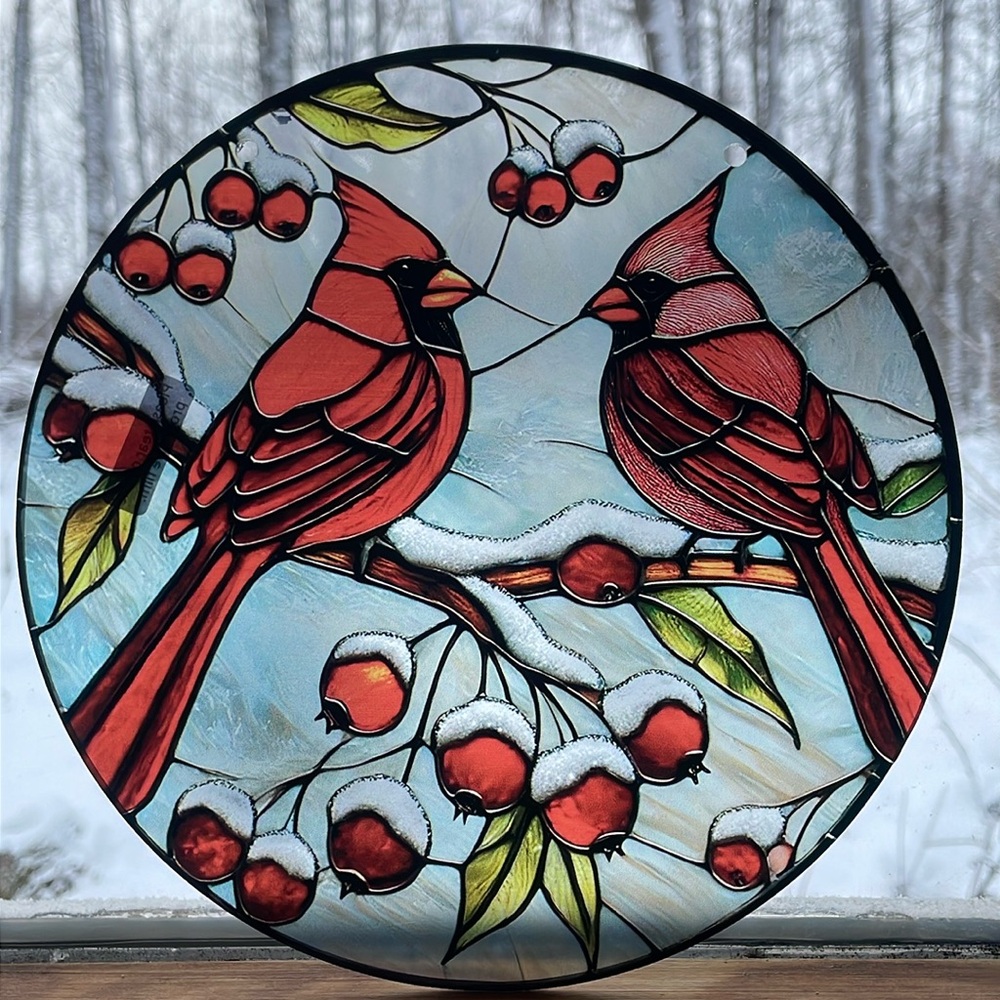 Acrylic Suncatcher 8” Winterberry Red Cardinal Bird Faux Frosted Stained Glass